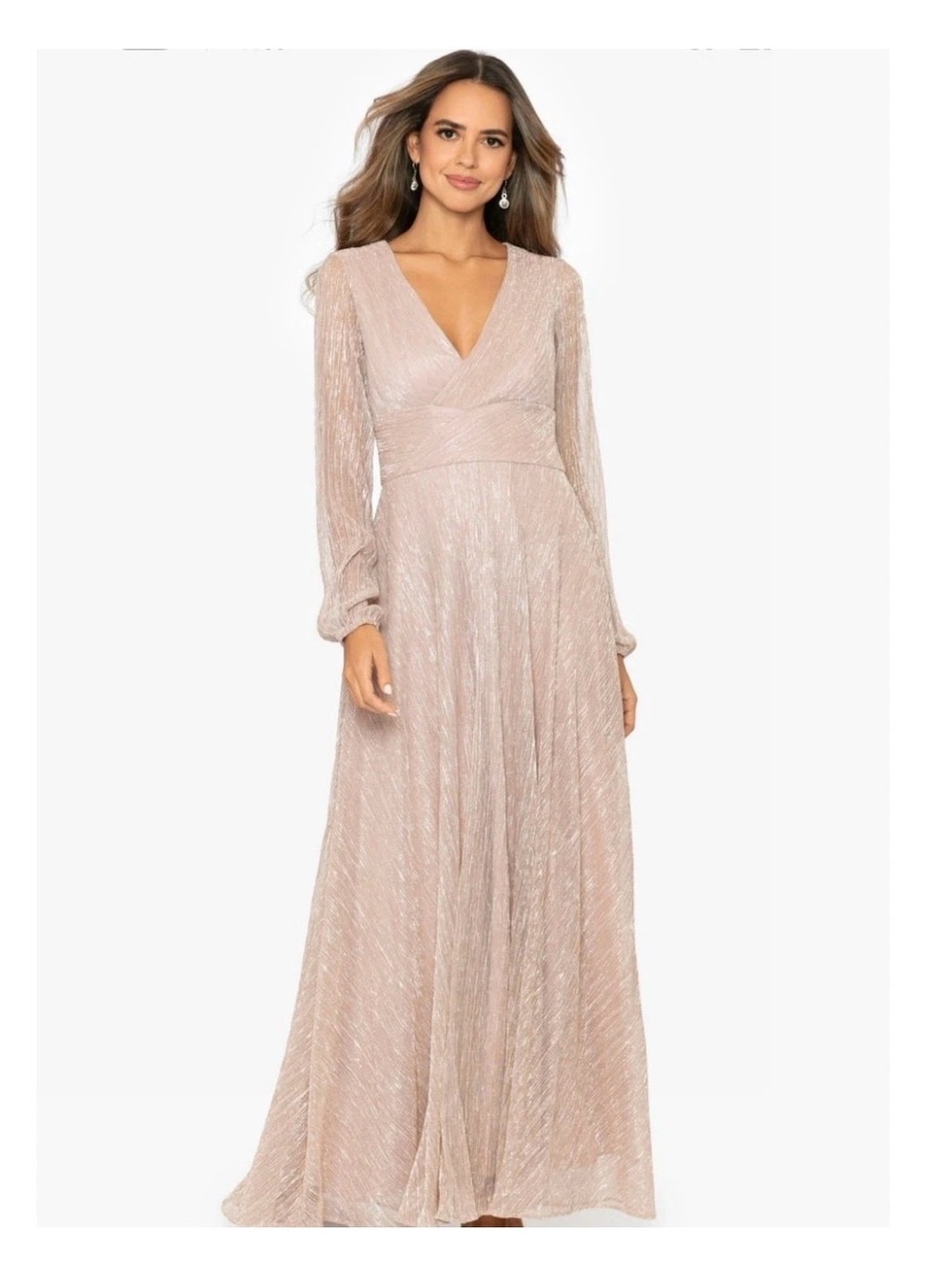 Blush Long-Sleeve V-Neck Maxi Dress with Subtle Shine